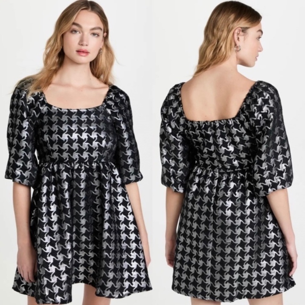 Moon River Black Silver Metallic Puff Sleeve A-Line Babydoll Dress Size XS